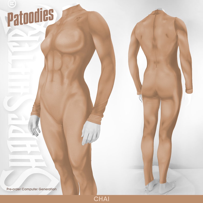 May include: A nude-coloured, form-fitting bodysuit with long sleeves and a high neck. The bodysuit is made of a stretchy material and has a muscular, athletic look. The image shows the front and back of the bodysuit.