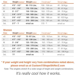 May include: A chart showing size recommendations for men and women based on height and weight. The chart includes measurements in inches and pounds for men and women, and centimeters and kilograms for both.