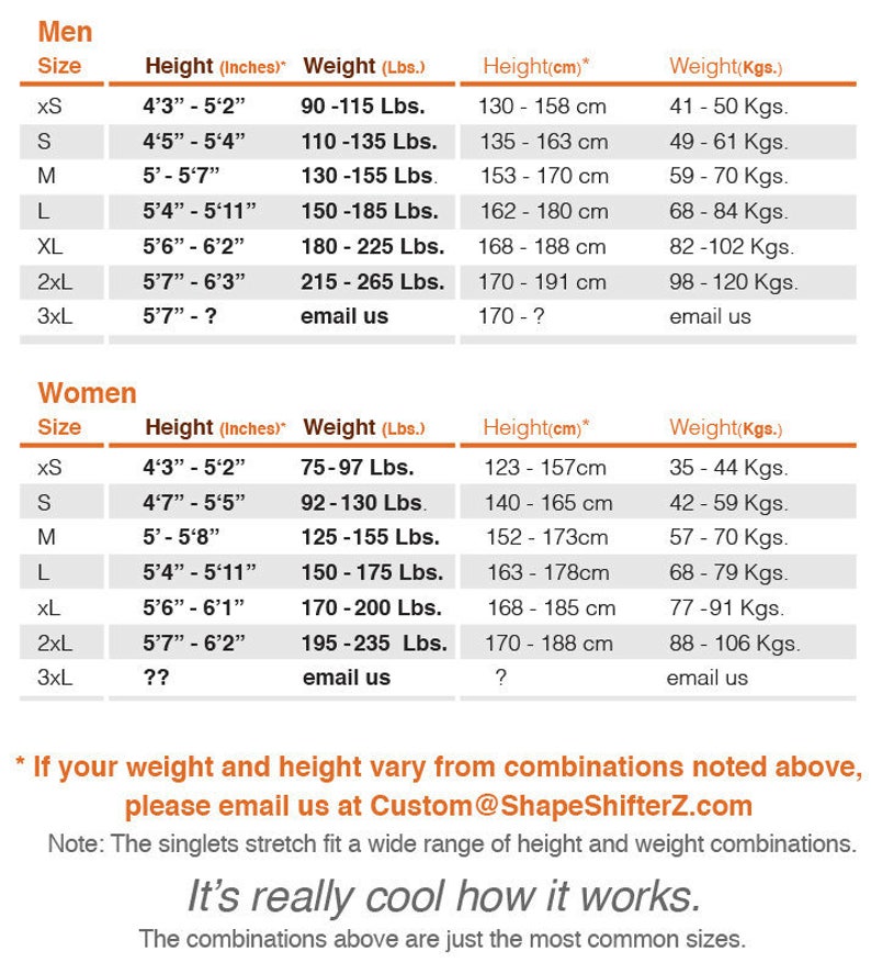 May include: A chart showing size recommendations for men and women based on height and weight. The chart includes measurements in inches and pounds for men and women, and centimeters and kilograms for both.