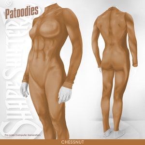 May include: A full-body, skin-toned, form-fitting suit with long sleeves and a high neck. The suit is made of a stretchy, smooth fabric and has a muscular, sculpted appearance. The suit is shown from the front and back.