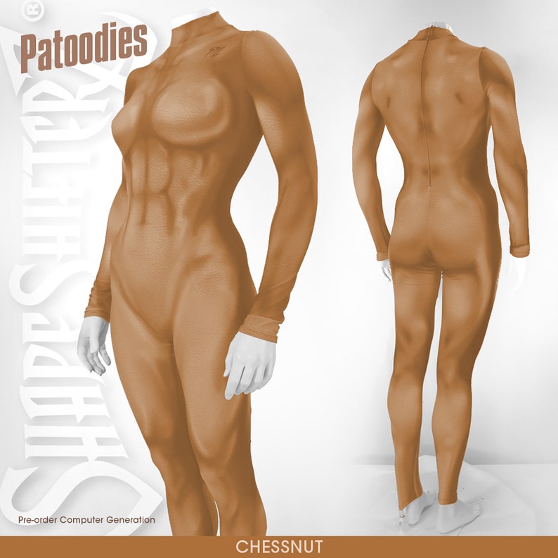 May include: A full-body, skin-toned, form-fitting suit with long sleeves and a high neck. The suit is made of a stretchy, smooth fabric and has a muscular, sculpted appearance. The suit is shown from the front and back.