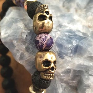 Purple Jasper and Lava Stone.            Strength, Courage and Calming Skull Bracelet