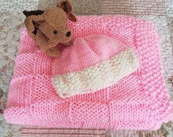 Gift Set - Pink Hand Knitted Baby Blanket with matching newborn hat