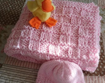 Pink Hand Knitted Baby Blanket with matching hat