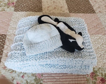 Denim Blue Hand Knitted Baby Blanket with matching hat