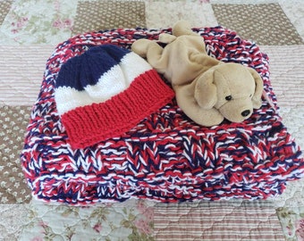 Red, White and Blue Hand Knitted Baby Blanket with New Born Hat