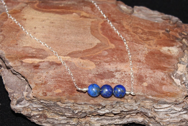 Dainty Three Gemstone Bar Necklace \u2013 Lapis Lazuli Necklace \u2013 Sterling Silver \u2013 Everyday Jewelry \u2013 Minimalist