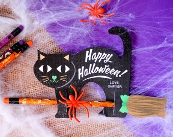 Black Cat Riding Pencil Broom Halloween gift, non-candy Halloween treat, classroom Halloween, Halloween party favor—INSTANT DOWNLOAD