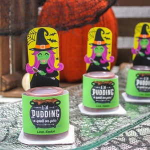 Witch Pudding Cup Halloween Treat Printables, classroom Halloween treat, Halloween party favor, Just Add Confetti - INSTANT DOWNLOAD