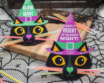 Black Cat Glow Stick printable cards, Halloween Party Favor, classroom, Trick or Treating, Just Add Confetti, Instant Digital Download