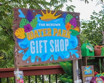 Water Park Party Gift Shop Sign and Thank You Tag Printables, water slide party, kids birthday, splash park, summer party, Just Add Confetti
