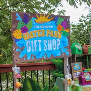Water Park Party Gift Shop Sign and Thank You Tag Printables, water slide party, kids birthday, splash park, summer party, Just Add Confetti