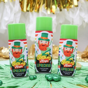 May include: Three green spray bottles with labels featuring a cartoon leprechaun and the text "Magic Leprechaun Catching Spray".