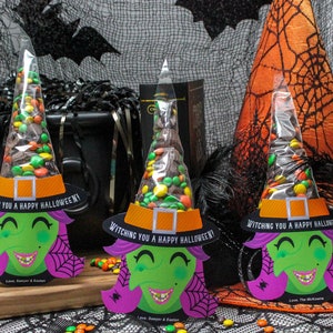 Afdrukbare Halloween-heks, traktatiezakje heksenhoed, afdrukbaar Halloween, Halloween-traktatie, traktatie in de klas, voeg gewoon confetti toe - INSTANT DOWNLOAD