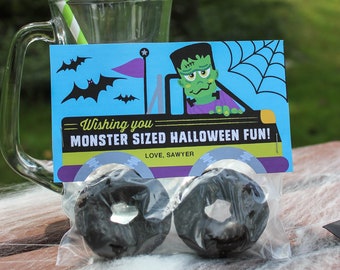 Frankenstein Monster Truck Donut Party Favor, Halloween printable, Halloween gift, Halloween Treat, Instant Download, Just Add Confetti