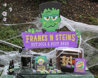 Franks & Steins, Halloween Frankenstein party printables, hot dogs, root beer party, Halloween dinner, instant download, Just Add Confetti