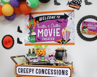 Halloween Movie Night Printables, Thrills & Chills Movie Theater, movie party, Halloween party, Halloween decor printable, Just Add Confetti