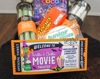 Halloween Movie Gift Basket Printable, Thrills & Chills Movie Theater, Halloween gift, family movie night, family gift, Just Add Confetti