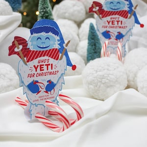 Skiing Yeti Candy Cane Christmas Treat Printable - Christmas gift tag, treat tag, Classroom gift, Yeti, Just Add Confetti, Instant Download