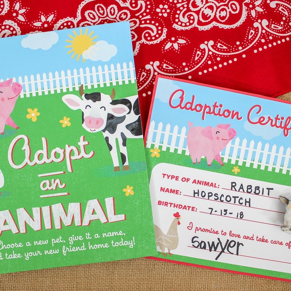 Farm Birthday Party, Adopt an Animal, Farm Birthday Decorations, Pet adoption party, Adoption certificate, Farm sign, Instant download