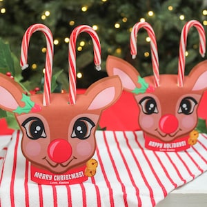 Dolcetto di renna di Natale stampabile, etichetta regalo di Natale, etichetta dolcetto a forma di bastoncino di zucchero, regalo per la classe, regalo per le feste, regalo per l'asilo nido, Just Add Confetti