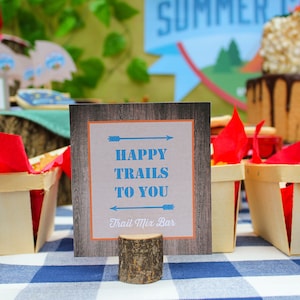 Summer Camp Birthday Party food signs, bottle labels, table decor - camp party, camping, s'mores, glamping, printable, DIY, matching