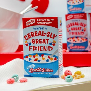 Mini boîte de céréales pour enfants à imprimer, étiquette à enrouler autour de mini boîtes de céréales, Saint-Valentin pour enfants, Saint-Valentin pour l'école, il suffit d'ajouter des confettis