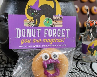 Halloween donut treat bag topper and tag printable, Donut Forget you are Magical, black cat, donut, Halloween, favor tag, Just Add Confetti