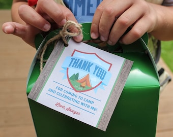 Fête d’anniversaire du camp d’été Étiquettes de remerciement - merci, étiquettes de faveur, fête de camp, camping, imprimable, anniversaire d’enfants, été, campement, correspondance