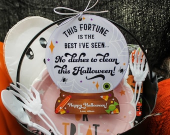 Paper Plate "No Dishes to Clean this Halloween" Printable Gift Tag, crystal ball, Halloween gift tag, hostess gift, Just Add Confetti