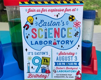 May include: A blue and white invitation for a 9th birthday party with a science theme. The invitation says "Join us for explosive fun at Easton's Science Laboratory. It's Easton's 9th Birthday! Saturday, August 3, 2:00 PM to 4:00 PM, Easton's Backyard Laboratory, 123 Science Way, Chemistry, PA 12345. RSVP to Alison at 123-456-7890 or alison@email.com"