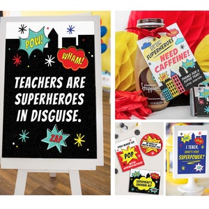 Paquete imprimible de superhéroes para maestros, ideas de regalos de superhéroes para maestros, imprimibles de agradecimiento al personal, almuerzo de la PTO/PTA, simplemente agregue confeti