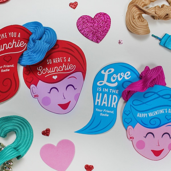 Scrunchie Valentine Printable - Kids Valentine, school valentine, girl valentine, classroom valentine, Just Add Confetti - INSTANT DOWNLOAD