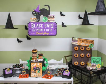 Black Cats and Pointy Hats Halloween Donut Shop party printables, Halloween printables, donut party, party favors, Just Add Confetti