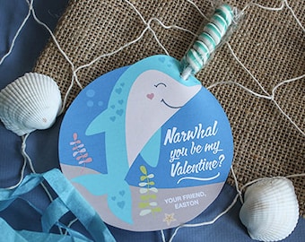 Narwhal Lollipop Kids Valentine, classroom valentine, school valentine, printable valentine, narwhal, Just Add Confetti - INSTANT DOWNLOAD