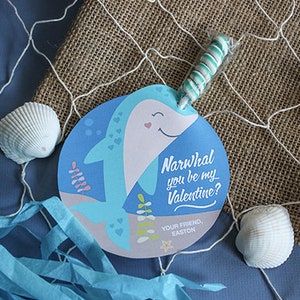 Narwhal Lollipop Kids Valentine, classroom valentine, school valentine, printable valentine, narwhal, Just Add Confetti - INSTANT DOWNLOAD