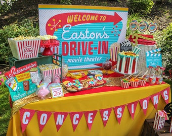 Retro Drive-In Movie Party Backdrop Sign Printable - outdoor movie birthday party, drive-in movie party, kids birthday, movie night sign