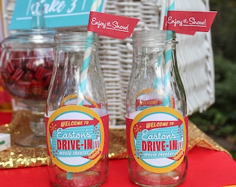 Retro Drive-In Bottle Label printables, Concessions pennant banner, Movie clapboard decor sign, food signs - drive-in movie birthday party