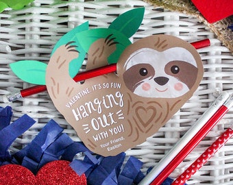 Sloth Kids Valentine, sloth pencil hugger, pencil, sloth, classroom valentine, school valentine, Just Add Confetti - INSTANT DOWNLOAD