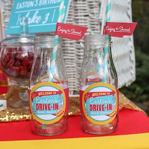 Retro Drive-In Bottle Label printables, Concessions pennant banner, Movie clapboard decor sign, food signs - drive-in movie birthday party