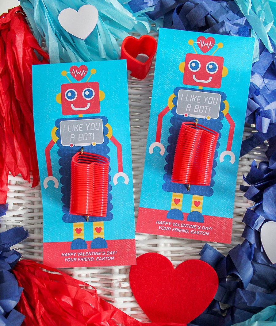 Robot kids valentine, slinky valentine, robot, school valentine, classroom valentine, printable, Just Add Confetti - INSTANT DOWNLOAD