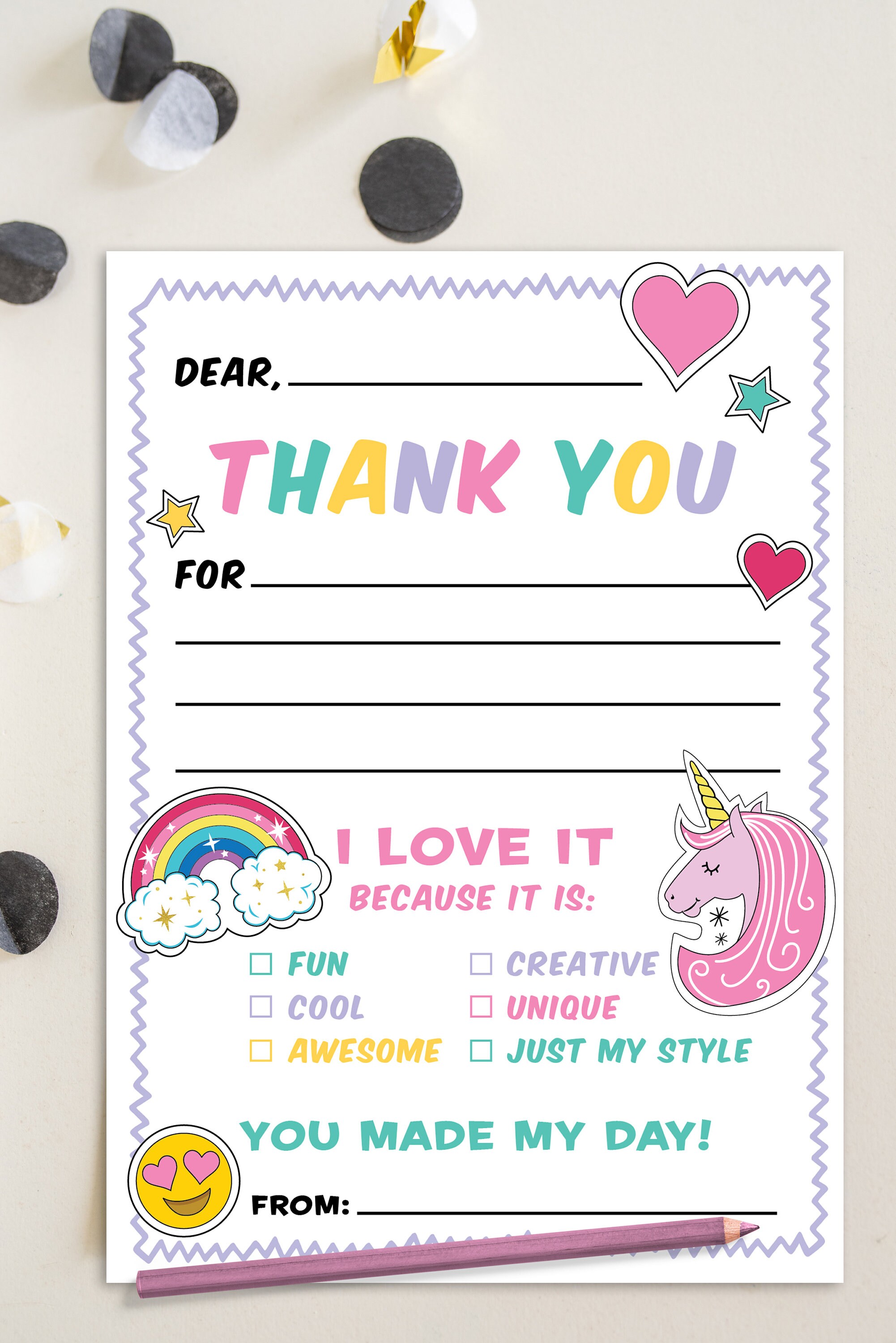 Unicorn and Rainbow Thank You Printable, Thank You Cards for Kids, Fill ...