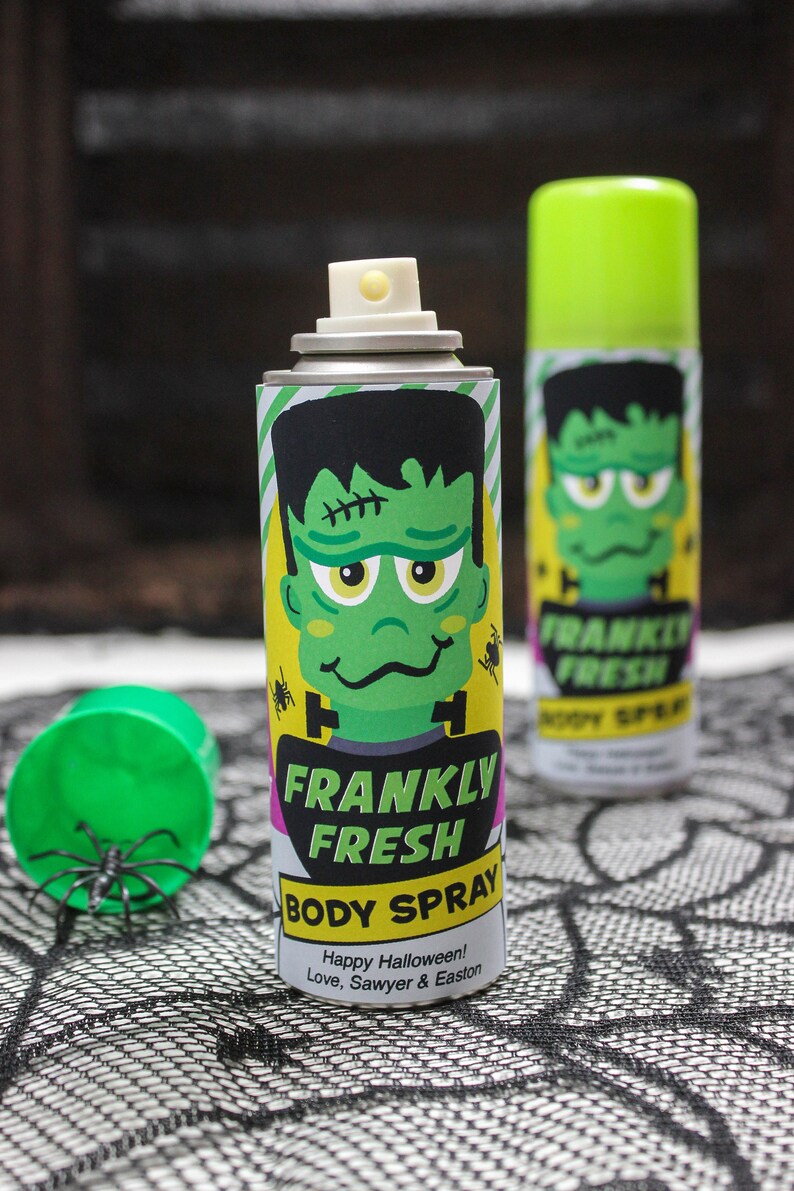 May include: Two green and yellow spray bottles with a Frankenstein monster graphic and the text "Frankly Fresh Body Spray" and "Happy Halloween! Love, Sawyer & Easton".