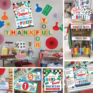 May include: A collection of game-themed decorations and treats, including a sign that says "We're not playing games! We appreciate you to pieces!" and a cart with donuts. Other items include a cake, popcorn, and signs with game-related phrases.