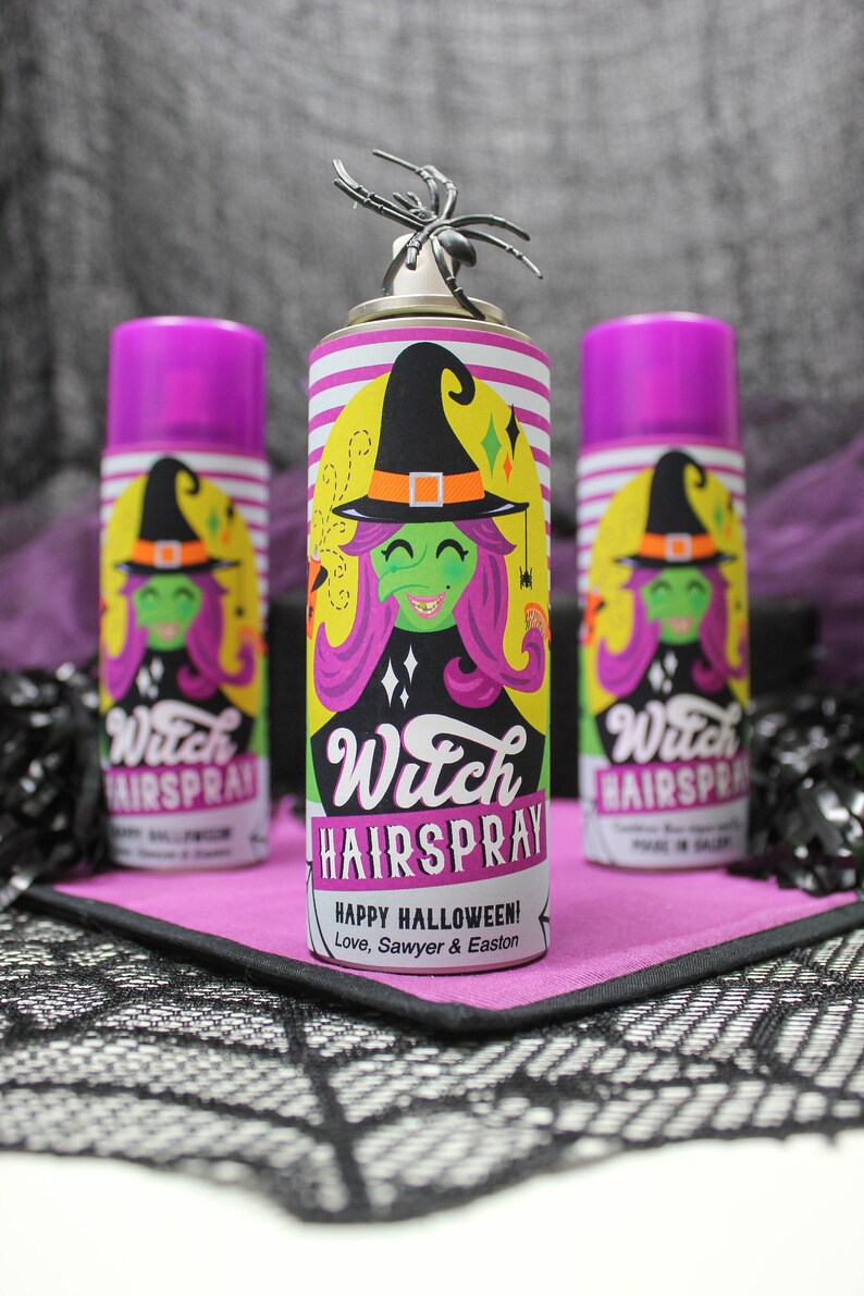 May include: Three purple and yellow spray bottles with a witch graphic and the text "Witch Hairspray! Happy Halloween! Love, Sawyer & Easton".