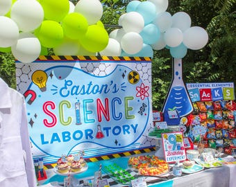 Science Birthday Party Backdrop Printable, mad scientist birthday, kids birthday, personalized birthday sign, Just Add Confetti