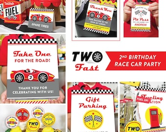 May include: A collection of race car-themed party decorations. Includes signs with text like "Spare Tires," "Take One for the Road," and "Gift Parking." Also features cupcake toppers, bottle labels, and a "Pit Pass" card. The color scheme is red, black, and white.