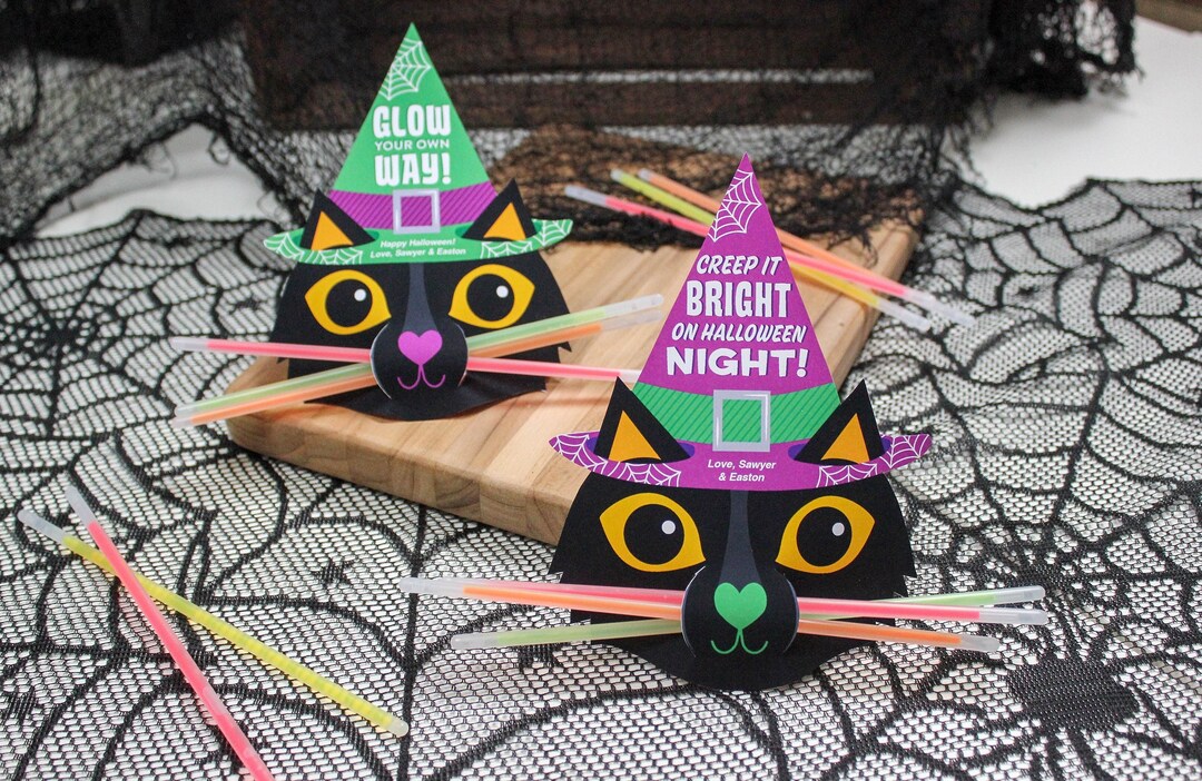 Black Cat Glow Stick Printable Cards Halloween Party Favor
