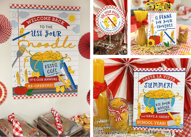 May include: A set of printable signs for a back to school pasta party. The signs feature a red and white checkered background with a school-themed pasta design. The signs say "Welcome Back to the Use Your Noodle Pasta Cafe", "Use Your Noodle and Have a Great School Year", "A Penne for Your Thoughts", and "Pasta La Vista Summer!"