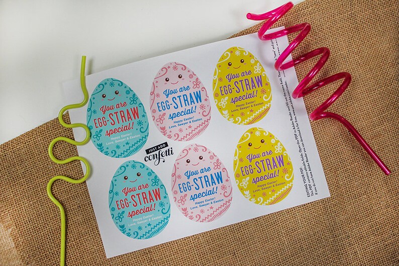 May include: A sheet of printable Easter egg stickers with the text "You are EGG-STRAW special!" on each sticker. The stickers are decorated with colorful flowers and swirls. The stickers are designed to be placed on straws.